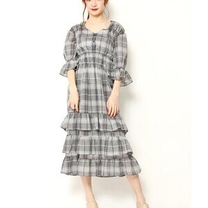 Snidel Plaid Ruffle Black/White/Beige Ruffle Midi Dress Size Small